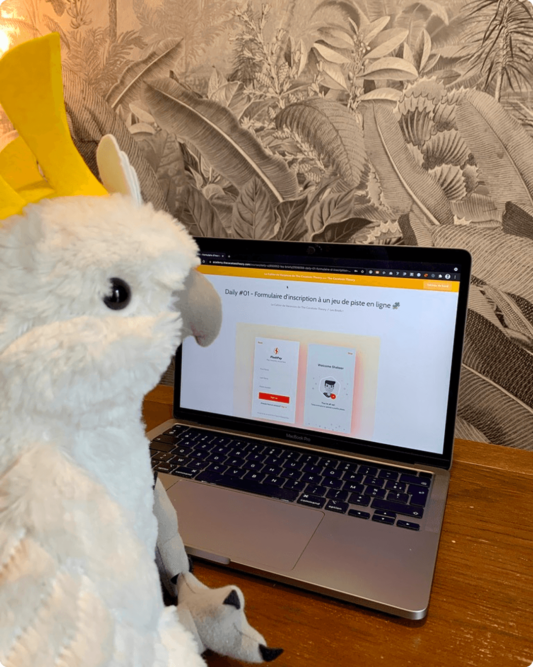 Mascotte cacatoès devant un écran affichant le site Cacatoès